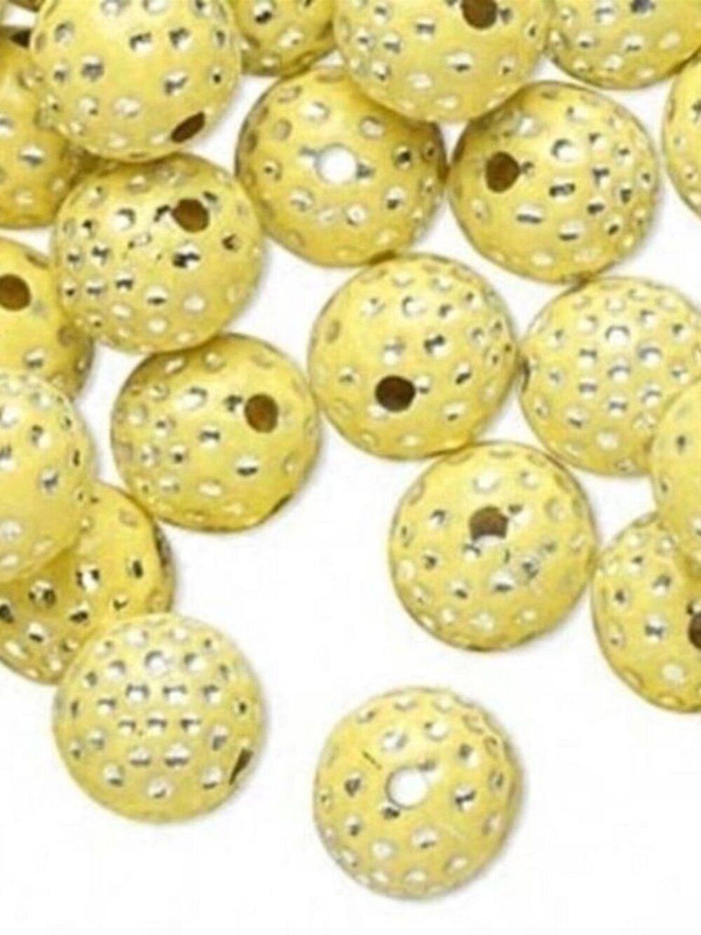 20 Retro Yellow & Silver Polka Dot 10mm Round Beads
